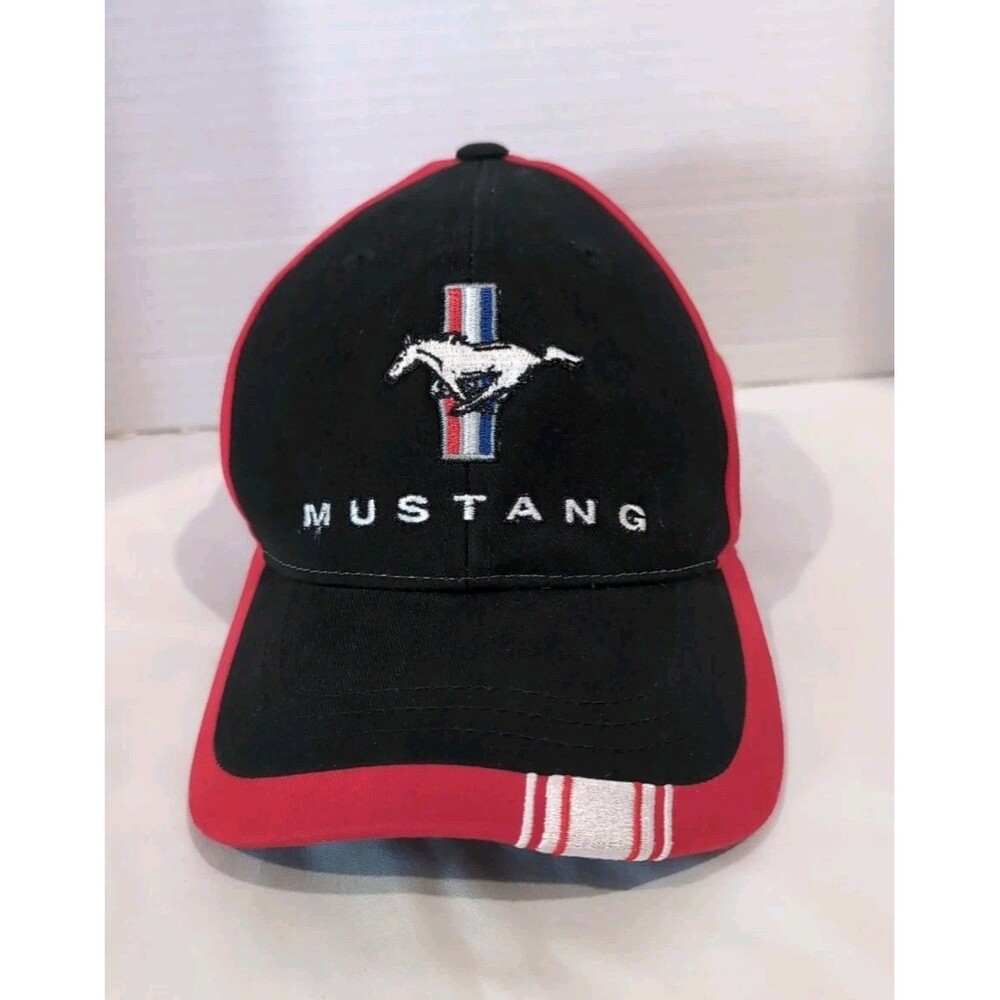 MUSTANG HAT/CAP FORD MUSTANG TRI-BAR PONY STRIPE LOGO RED/BLACK  EUC